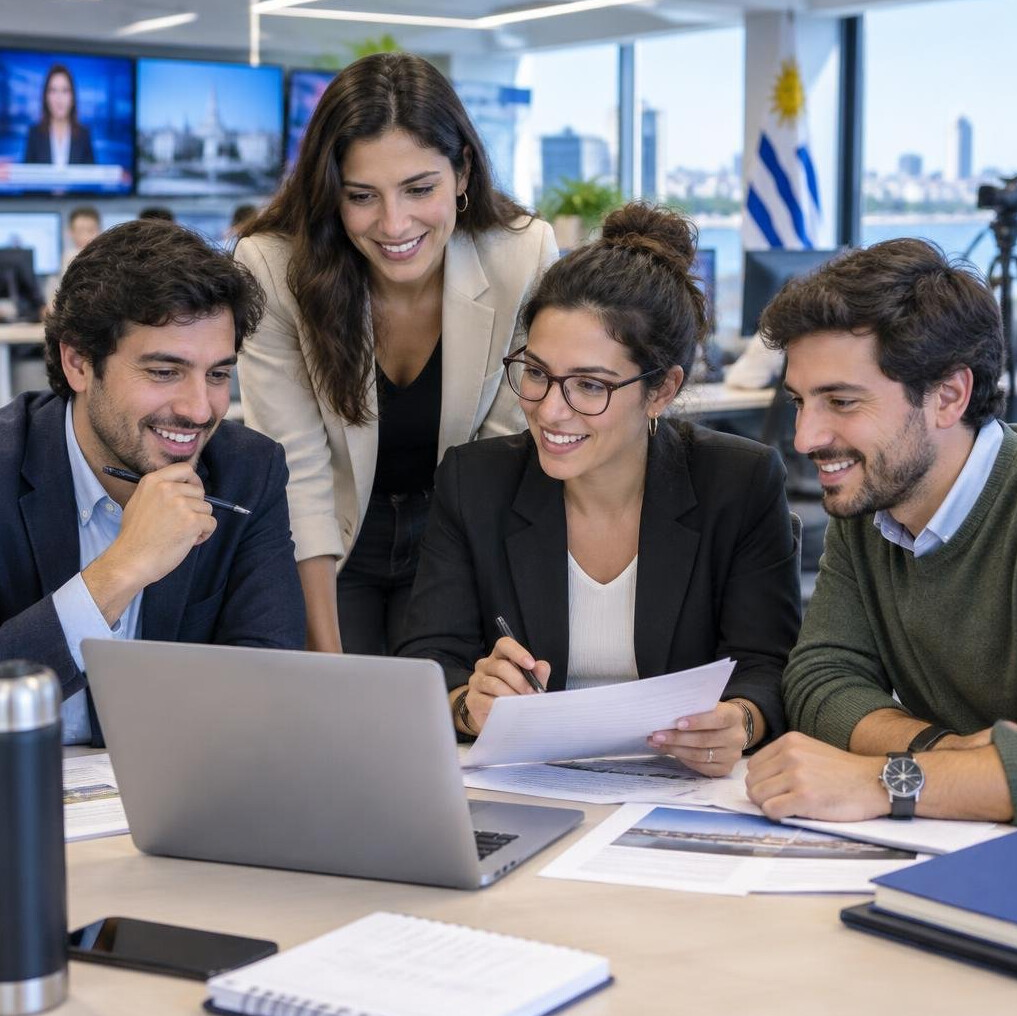 Team of journalists working together in a modern newsroom