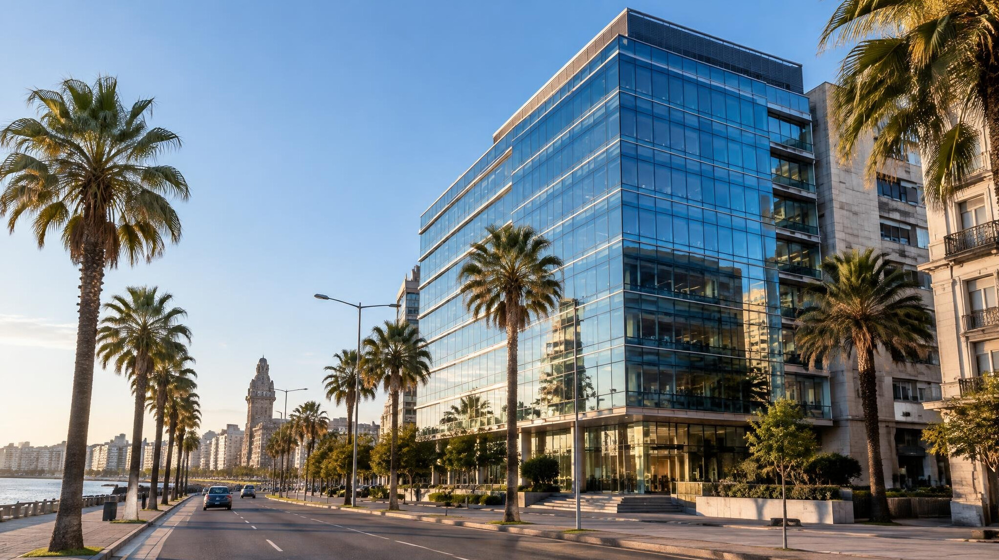 Modern office building exterior in downtown Montevideo