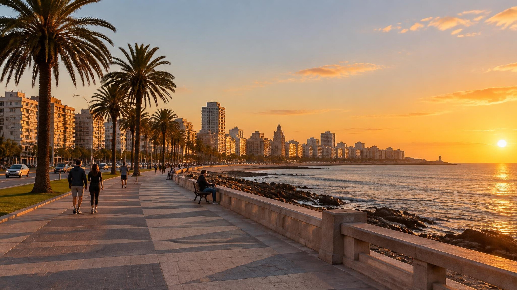 Coastal promenade of Montevideo at golden hour
