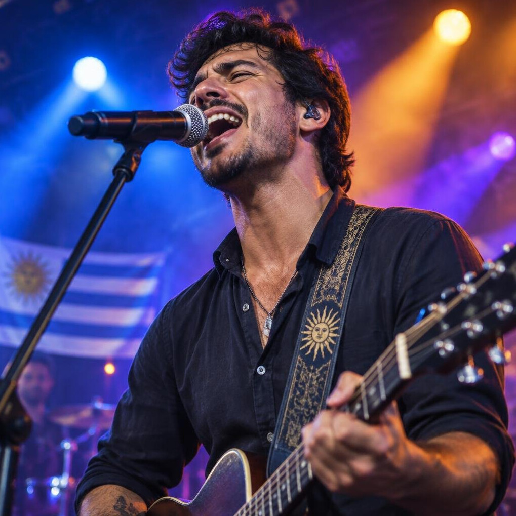Uruguayan musician singing on stage with concert lighting