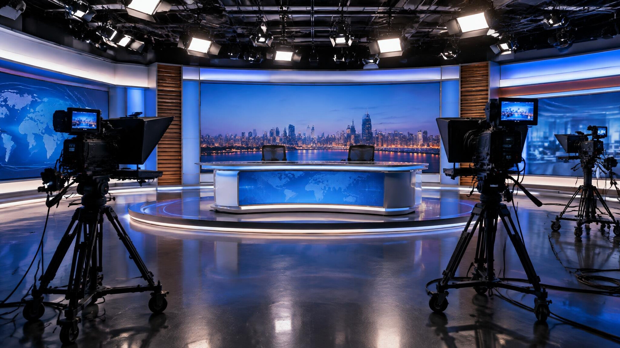 Television studio set with professional cameras and lighting rigs