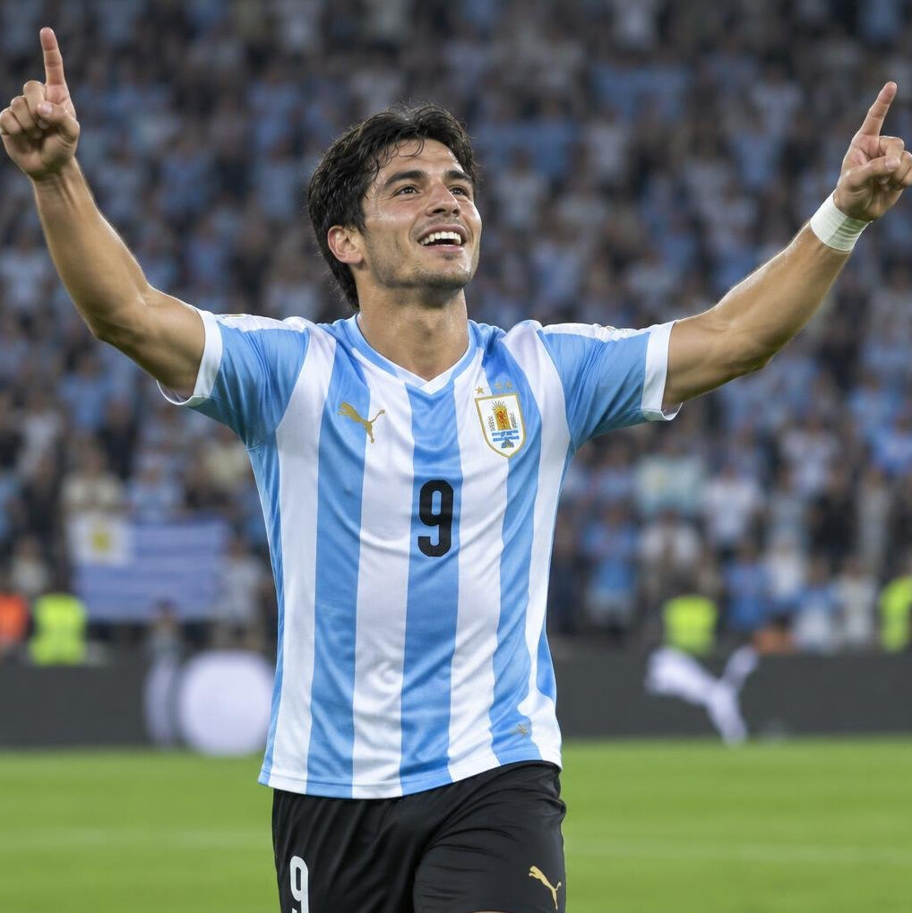 Uruguayan football player celebrating a goal on the pitch